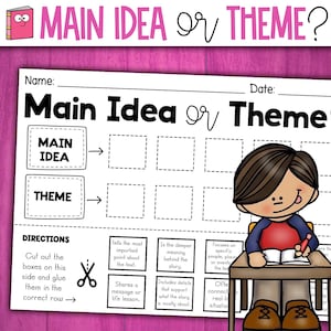 Puede incluir: Una hoja de trabajo imprimible en blanco y negro con el título "Idea principal o tema?" La hoja de trabajo tiene casillas para que los estudiantes las recorten y peguen en la fila correcta. Las casillas contienen definiciones de la idea principal y el tema.