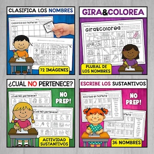 May include: Four colorful educational worksheets for children. Each worksheet features a cartoon child at a desk. Titles include "CLASIFICA LOS NOMBRES", "GIRA&COLOREA", "¿CUÁL NO PERTENECE?", and "ESCRIBE LOS SUSTANTIVOS". The worksheets have Spanish text and illustrations.