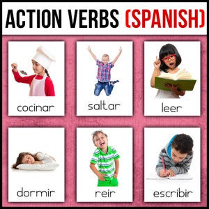 Può includere: Un set di sei flashcard con bambini che eseguono diverse azioni, con la parola spagnola per l'azione scritta sotto ogni immagine. Le azioni includono cucinare, saltare, leggere, dormire, ridere e scrivere.