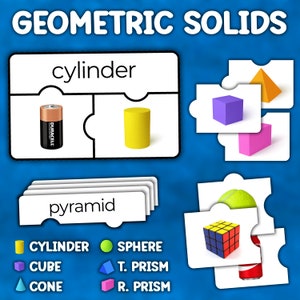 Puede incluir: Un juego de rompecabezas educativo colorido para niños para aprender sobre sólidos geométricos. Las piezas del rompecabezas presentan imágenes de un cilindro, una pirámide, una esfera, un cubo, un prisma triangular y un prisma rectangular. Las piezas del rompecabezas están etiquetadas con los nombres de las formas.