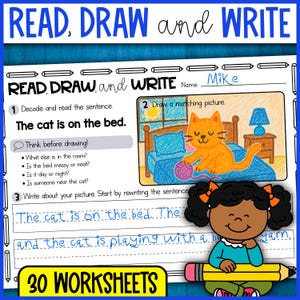 Puede incluir: Hoja de trabajo educativa para niños titulada "Leer, Dibujar y Escribir". Presenta un dibujo de un gato naranja en una cama, con la frase "El gato está en la cama". Una niña de dibujos animados sostiene un lápiz.