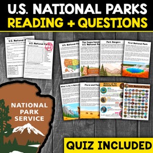 Puede incluir: Un recurso educativo imprimible para aprender sobre los Parques Nacionales de los Estados Unidos. El recurso incluye pasajes de lectura, cuestionarios y un crucigrama. La imagen presenta una ilustración colorida de una escena de parque nacional con montañas, árboles y un río. El texto "U.S. National Parks Reading + Questions" se muestra en letras grandes y amarillas en la parte superior de la imagen.