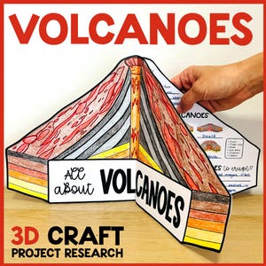 Puede incluir: Un proyecto de manualidades 3D sobre volcanes. El modelo de papel tiene forma de volcán, con capas rojas, marrones, grises y amarillas. La palabra "VOLCANOES" está escrita en letras rojas grandes en la parte superior.