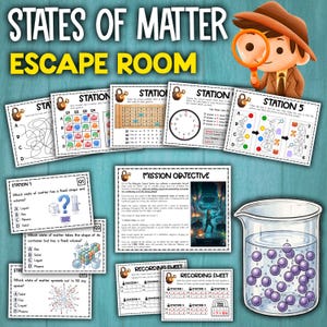 Puede incluir: Juego educativo de escape room titulado "Estados de la materia". El juego incluye varias tarjetas de estación con rompecabezas, una tarjeta de objetivo de la misión y hojas de registro. También aparece un detective de dibujos animados con una lupa.