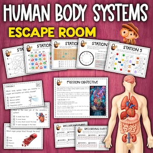 Puede incluir: Juego educativo de escape room titulado "Human Body Systems". La imagen muestra varias estaciones de rompecabezas, una hoja de objetivos de misión y una hoja de registro. El juego incluye diagramas de anatomía humana y preguntas sobre los sistemas del cuerpo.