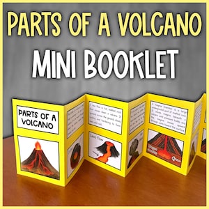 Può includere: Un mini-libretto giallo intitolato "PARTI DI UN VULCANO" con illustrazioni e testo che descrivono i componenti del vulcano. Il libretto è aperto, mostrando diagrammi di flusso lavico e una camera magmatica.