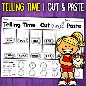 Puede incluir: Una hoja de trabajo educativa titulada "Telling Time | Cut & Paste" con una niña de dibujos animados sosteniendo un reloj. La hoja de trabajo presenta caras de reloj con horas como 5:00, 3:00 y 1:00, y espacios para pegar las caras de reloj correspondientes.