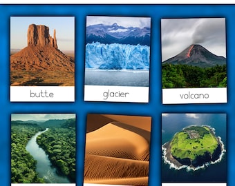 Types of Landforms Flashcards | Landforms Montessori 3-Part Cards | Landforms Vocabulary | Landform for Kids | Landforms activity Printable