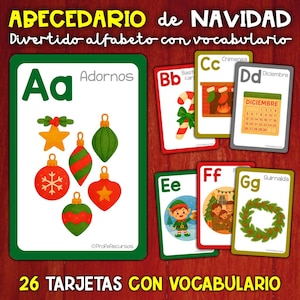 Puede incluir: Un conjunto de tarjetas navideñas con ilustraciones coloridas y vocabulario en español. Las tarjetas presentan letras, adornos, una chimenea, un calendario, un bastón de caramelo, un elfo, una familia y una corona. El texto incluye "ABECEDARIO de NAVIDAD" y "26 TARJETAS CON VOCABULARIO."