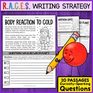 May include: Educational resource featuring a writing strategy guide. The image includes worksheets on body reactions to cold, northern lights, and Mars. A smiling red character holds a pencil, with text reading "20 Passages Curiosity-Sparking Questions."