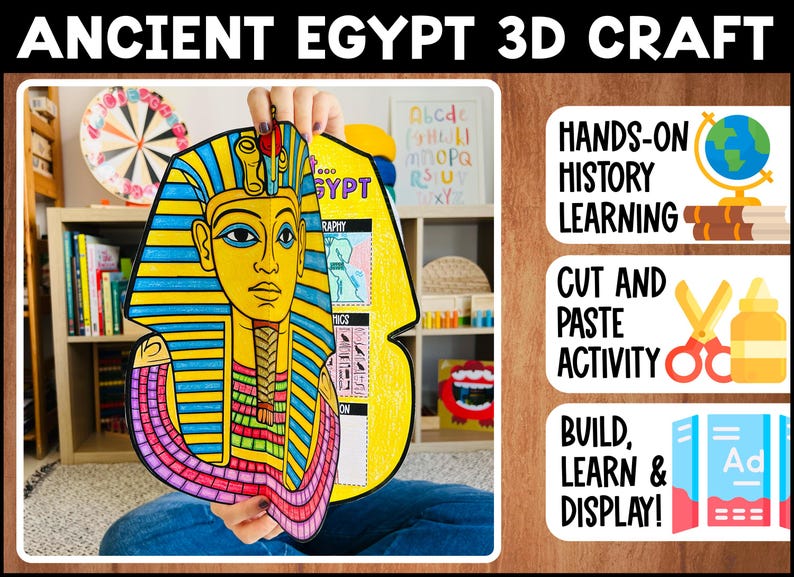 May include: A colorful Ancient Egypt 3D craft kit featuring a pharaoh's mask. The kit includes the text "Ancient Egypt 3D Craft", "Hands-on History Learning", "Cut and Paste Activity", and "Build, Learn & Display!"