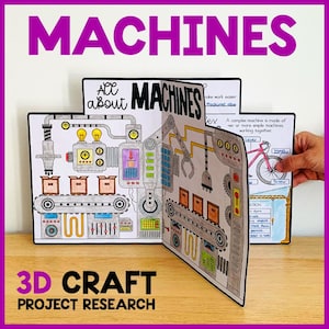 May include: A 3D craft project research booklet titled "MACHINES" with detailed illustrations of various machines. The booklet features the text "All about MACHINES" and diagrams of levers, screws, and other mechanical components. The cover is purple.