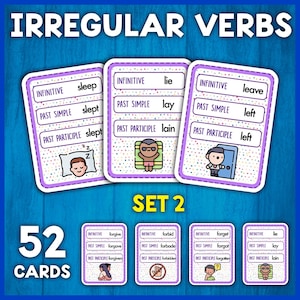 Cartes de verbes irréguliers SET 2 | Infinitif + Passé Simple + Participe Passé | Flashcards de verbes irréguliers de grammaire pour les enseignants d'anglais langue seconde