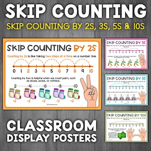 Puede incluir: Cuatro carteles coloridos para el aula con líneas numéricas e ilustraciones para ayudar a enseñar a contar de dos en dos, de tres en tres, de cinco en cinco y de diez en diez. Cada cartel incluye una mano que demuestra el patrón de conteo.