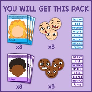 May include: A set of printable cards for teaching emotions. The cards feature different facial expressions and descriptions of feelings, such as happy, sad, surprised, angry, calm, scared, nervous, and funny. There are eight cards with a blank face and eight cards with a blank face of a person with brown skin.