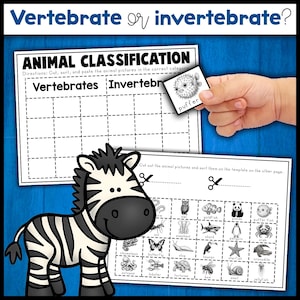 Puede incluir: Hoja de trabajo educativa titulada "Clasificación de animales" con una ilustración de cebra. Incluye una actividad de clasificación para vertebrados e invertebrados, con imágenes de animales como un pez globo, un tiburón y un cangrejo. El texto dice "¿Vertebrado o invertebrado?"