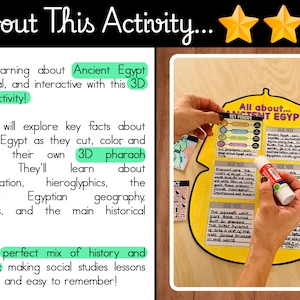 May include: A hands-on Ancient Egypt craft activity. The yellow and black project features text and illustrations about Ancient Egypt. A person is applying glue to the project. The text reads "All about Ancient Egypt".