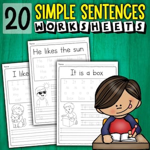 Puede incluir: Tres hojas de trabajo con oraciones simples como "Le gusta el sol" y "Es una caja" con ilustraciones. La imagen incluye el texto "20 SIMPLE SENTENCES WORKSHEETS" en la parte superior. Ideal para niños pequeños.