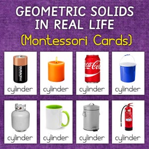 Solidi geometrici negli oggetti della vita reale | Carte Montessori in 3 parti Flashcard | Flashcard di forme geometriche | Flashcard sui solidi geometrici