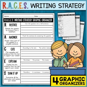 May include: A black and white printable graphic organizer for writing strategies. The graphic organizer is titled "R.A.C.E.S. Writing Strategy Graphic Organizer". The organizer includes the following sections: Restate, Answer, Cite, Explain, and Sum It Up. The graphic organizer is designed to help students learn how to write effective essays.