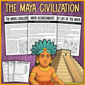 May include: An educational poster about the Maya civilisation, with text and illustrations. The poster includes information on Maya achievements, daily life, and an ancient people in the rainforest. A cartoon illustration of a Maya person is in the foreground.