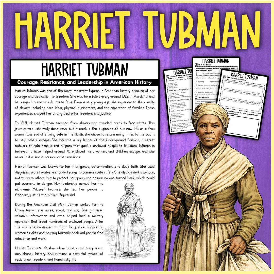 HARRIET TUBMAN Reading Comprehension + Worksheets | Harriet Tubman ...