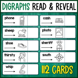Puede incluir: Un juego de tarjetas educativas verdes y blancas titulado "DIGRAPHS READ & REVEAL". Las tarjetas presentan ilustraciones emparejadas con palabras como "phone" y "sheep", con un total de 112 tarjetas. Las ilustraciones son en blanco y negro.