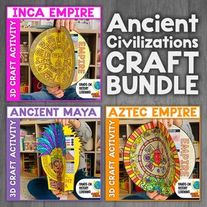 Op de afbeelding: Een knutselpakket met 3D-knutselactiviteiten om meer te leren over oude beschavingen. De bundel bevat projecten over het Inca-rijk, de oude Maya's en het Azteekse rijk. Elk project is kleurrijk en ontworpen voor hands-on geschiedenisleren.
