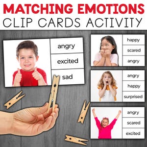 Puede incluir: Un conjunto de tarjetas de clip imprimibles para hacer coincidir las emociones. Las tarjetas muestran imágenes de niños que expresan diferentes emociones, como felicidad, tristeza, enojo, miedo y emoción. Las tarjetas están diseñadas para ayudar a los niños a aprender e identificar las diferentes emociones.