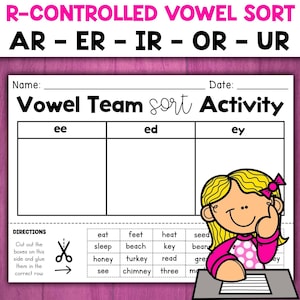 May include: A black and white printable worksheet for kids to practice sorting words with vowel teams. The worksheet has three columns labeled "ee", "ed", and "ey". There are 12 words listed below the columns, including "eat", "feet", "heat", "sleep", "beach", "key", "seed", "bean", "honey", "turkey", "read", "see", "chimney", and "three".