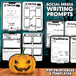 Puede incluir: Cuatro plantillas imprimibles para indicaciones de escritura en redes sociales. Las plantillas están diseñadas para TikTok, YouTube, Instagram y Twitter. Las plantillas presentan un tema de Halloween con una calabaza, una casa encantada y una telaraña.