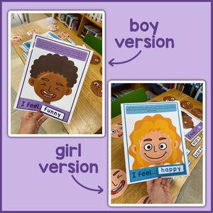 May include: Two printable activity sheets for children to learn about feelings. The sheets feature cartoon faces with different expressions and the words "I feel..." and "funny" or "happy".