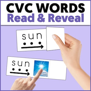 CVC Words Read and Reveal Cards CVC Words and Phonics Reading Cards Three Letter Words Activity CVC Reading Activity Phonics Game for Prek