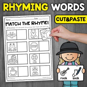 Puede incluir: Una hoja de trabajo en blanco y negro titulada "Rhyming Words" con instrucciones "Match the Rhyme". La hoja de trabajo incluye imágenes de un murciélago, un zorro, una rana, una serpiente, una taza de café y un oficial de policía. Una mano sostiene una caja recortada. Un personaje de dibujos animados sostiene un letrero con las palabras "rock" y "sock".