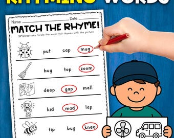 May include: A worksheet titled "Rhyming Words" with illustrations and rhyming word options. A hand circles the correct answer with a red pencil. A child holds a sign with "fan" and "van" illustrations.