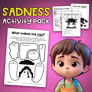 Puede incluir: Un paquete de actividades imprimible para ayudar a los niños a identificar y afrontar la tristeza. El paquete incluye una hoja de trabajo con burbujas de pensamiento para que los niños puedan escribir lo que les hace sentir tristes, una hoja de trabajo con un dibujo de una persona triste y una nube con gotas de lluvia, y una hoja de trabajo con un dibujo de una persona con una expresión triste y burbujas de pensamiento para que los niños puedan escribir lo que la tristeza le hace a su cuerpo.