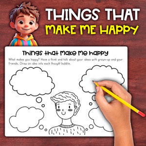 Puede incluir: Una hoja de trabajo imprimible en blanco y negro con el texto "Things that make me happy". La hoja de trabajo tiene burbujas de pensamiento para que los niños dibujen cosas que los hacen felices.