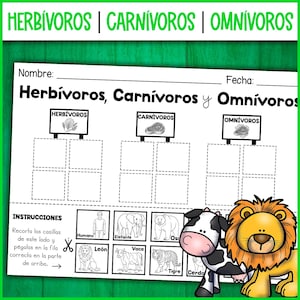 Puede incluir: Una hoja de trabajo titulada "Herbívoros, Carnívoros y Omnívoros" en verde. Presenta secciones para cada tipo de animal, con ilustraciones de animales como un león, una vaca y un tigre. Se incluyen instrucciones.