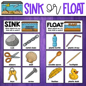 Può includere: Un grafico educativo colorato con le parole "Sink or Float" in alto. Il grafico è diviso in due sezioni, una per gli oggetti che affondano e una per gli oggetti che galleggiano. Ogni sezione ha un'immagine di una vasca per pesci con la parola "Sink" o "Float" scritta su di essa. Sotto le vasche per pesci ci sono immagini di vari oggetti, come una roccia, una catena di metallo, una bottiglia di plastica, una cannuccia di plastica, forbici, una conchiglia, un cucchiaio di legno, uno stuzzicadenti, chiavi, una vite, una piuma e un'anatra di plastica. Il grafico è progettato per aiutare i bambini a imparare le proprietà degli oggetti che affondano e galleggiano.
