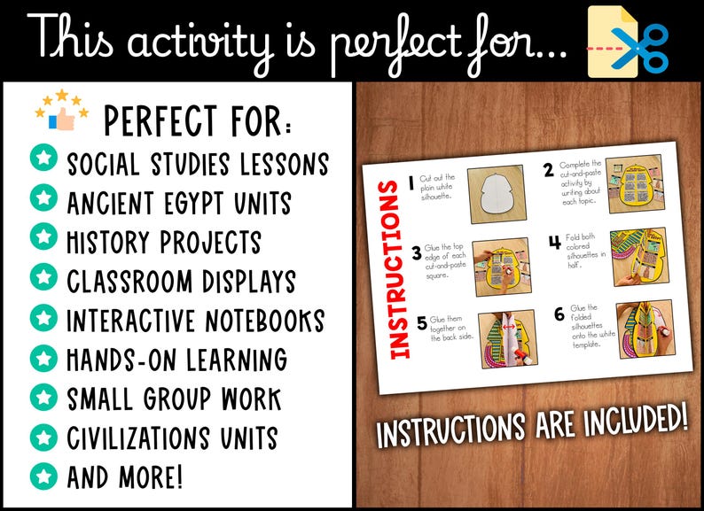 May include: Educational activity sheet with instructions for a cut-and-paste project. The sheet includes steps for completing the activity, with the text "INSTRUCTIONS ARE INCLUDED!" and "PERFECT FOR:" followed by a list of educational applications.