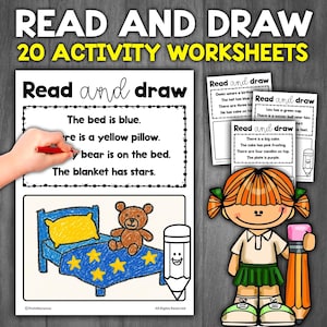 May include: A black and white illustration of a bed with a blue blanket and yellow pillow. A brown teddy bear sits on the bed. The text "The bed is blue. There is a yellow pillow. A bear is on the bed. The blanket has stars." is written above the illustration.
