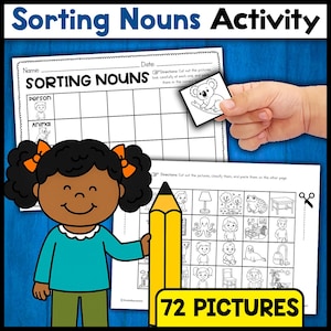 Może przedstawiać: Kolorowy arkusz edukacyjny zatytułowany "Sorting Nouns Activity" z dziewczynką z kreskówek trzymającą duży żółty ołówek. Arkusz zawiera siatkę do sortowania rzeczowników i 72 obrazki do klasyfikacji. Ręka trzyma obrazek koali.