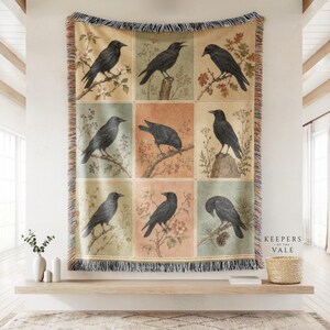 Dark Academia Raven Woven Throw, Botanical Crow Patchwork Tapestry, Gothic Birthday Gift, Moody Library Room Decor, Personalised Name