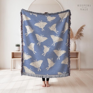 Blue Luna Moth Throw, Celestial Insect Tapestry Blanket, Nature Lover Gift, Whimsigoth Bedroom and Cottagecore Home Wall Decor