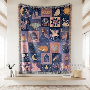 May include: A woven throw blanket featuring a grid of fantasy illustrations including a fairy, a crown, an owl, a sun, a moth, a crystal ball, a swan, a book, a princess, a pegasus, a deer, a fox, a cat, a unicorn, and celestial motifs.