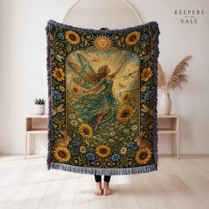 Sunflower Meadow Fairy Woven Throw, Summer Garden Tapestry for Fantasy Lover Gift, Golden Cottagecore Bedroom Decor Botanical Wall Art