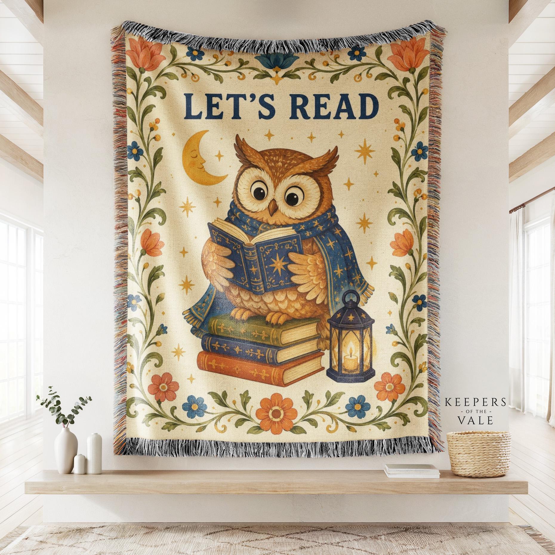 Moonlit Owl Bookworm Woven Wall Hanging | Lantern and Book Stack, Whimsical Library Wall Art, Vintag