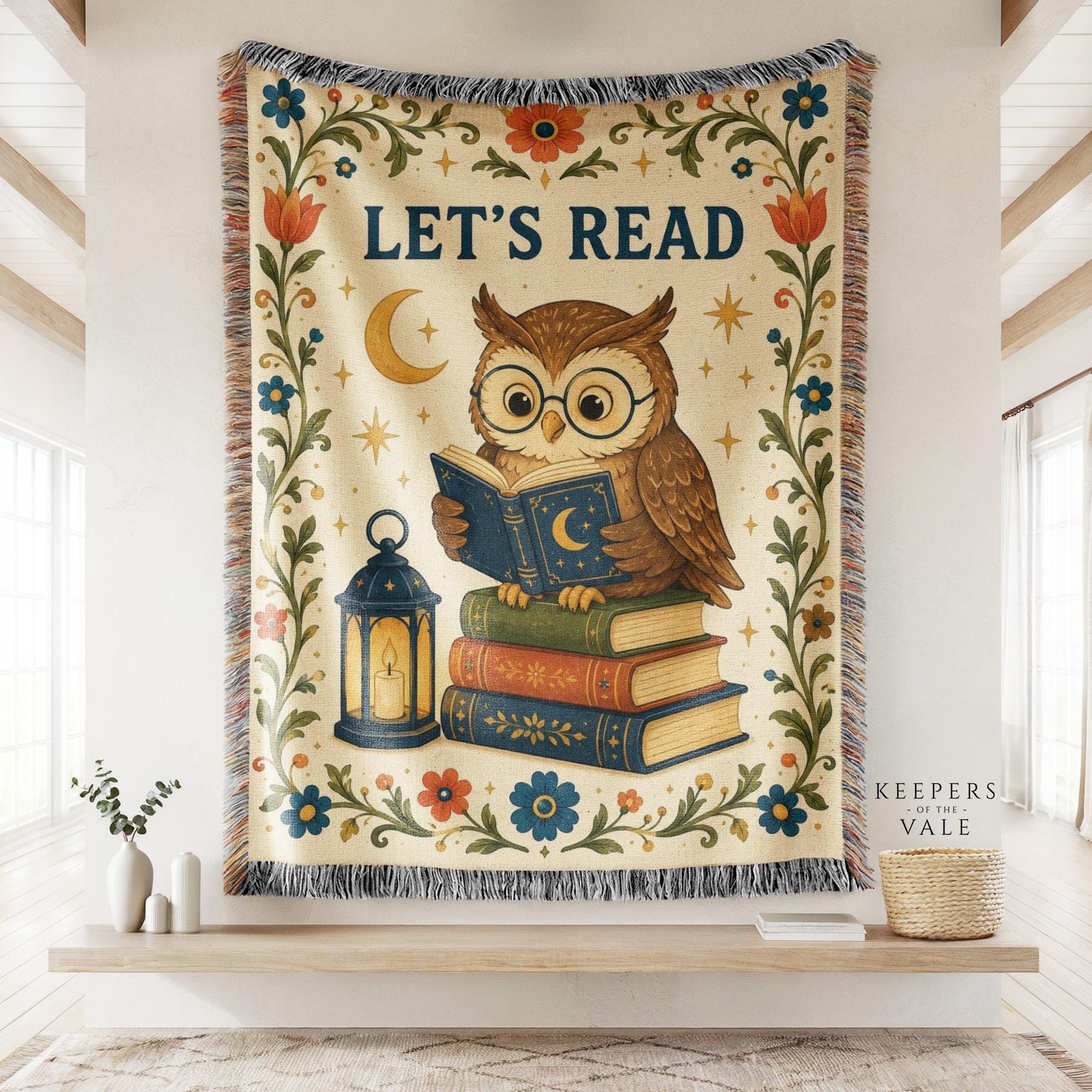 Scholarly Owl Reader Cozy Woven Throw | Glasses Lantern Book Stack, Cottagecore Library Decor, Story