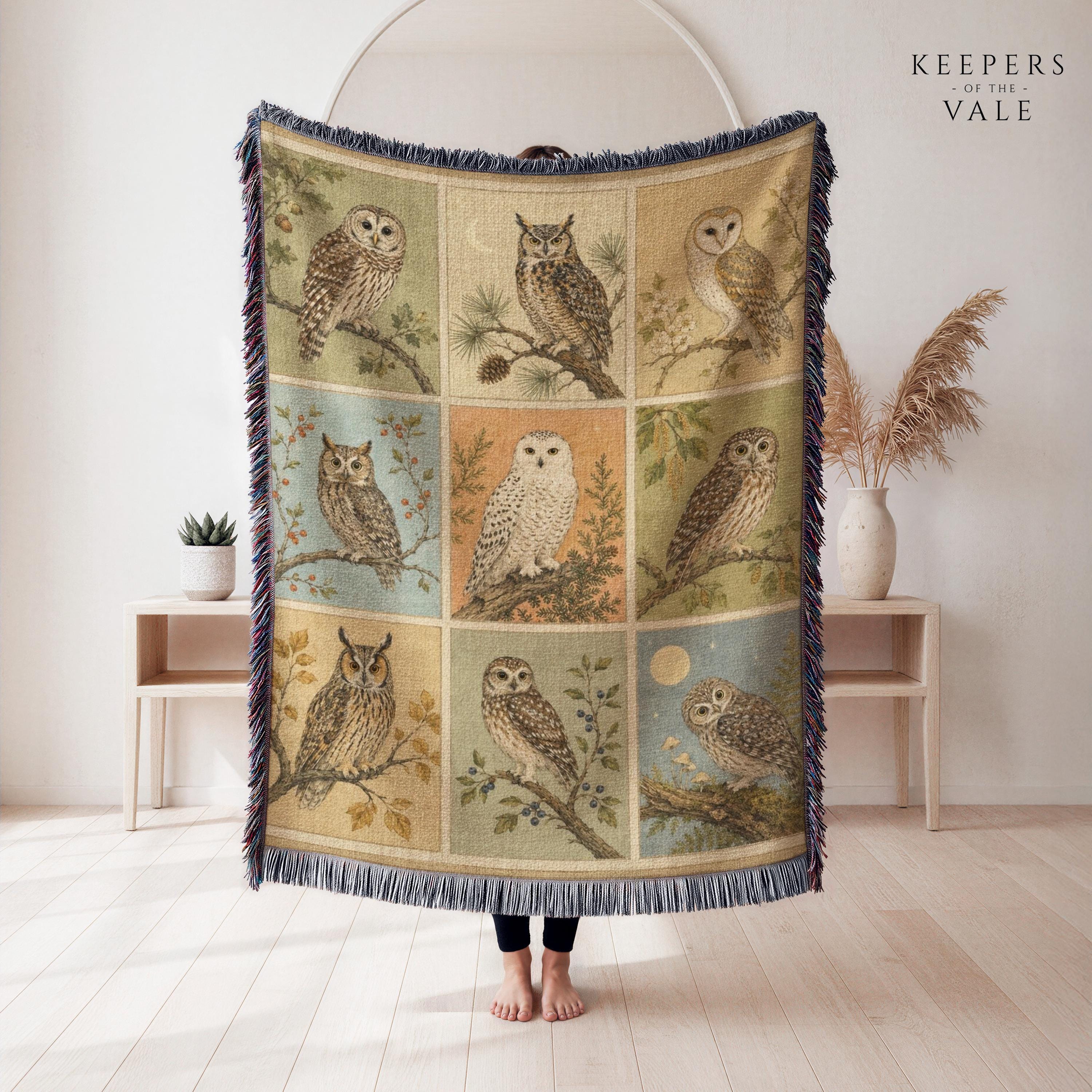 Woodland Owl Patchwork Blanket, Moonlit Bird Woven Tapestry, Halloween Gift for Owl Lovers, Rustic S