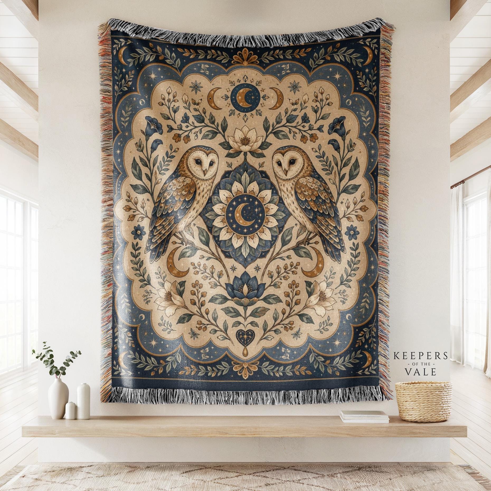 Celestial Owl Bedroom Tapestry, Moonlit Floral Bird Throw, Mystical Whimsigoth Home Decor Keepersoft